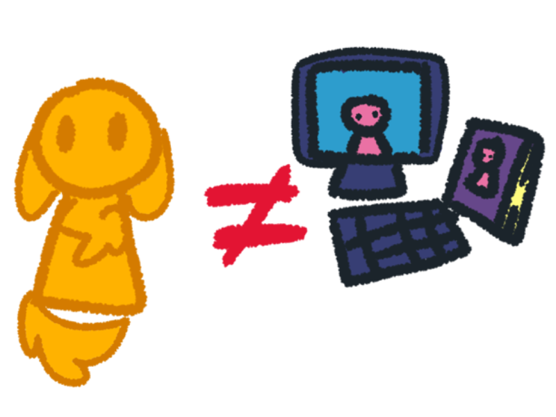  a yellow figure with dot eyes, long bunny ears, and a fluffy tail. The figure is next to a red Not Equals Sign, which is followed by an image of a computer and a book. The book and computer both have a simple pink figure on them